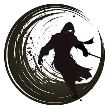 Vector illustration of samurai in a circle in black silhouette against a clean white background, capturing graceful forms.