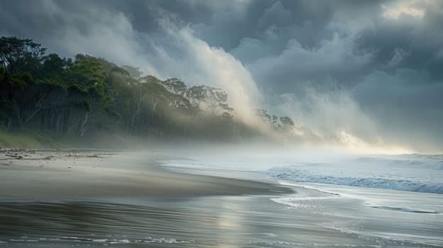 A misty beach at dawn with trees silhouetted against the sky. The horizon blends into the fluid water, creating a serene natural landscape AIG50