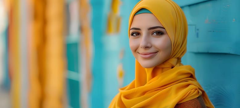 A woman with a yellow hijab is happily smiling in front of an electric blue wall, her orange eyebrows raised in excitement, showcasing her joy at the fun event