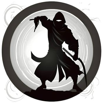 Vector illustration of samurai in a circle in black silhouette against a clean white background, capturing graceful forms.