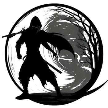 Vector illustration of samurai in a circle in black silhouette against a clean white background, capturing graceful forms.