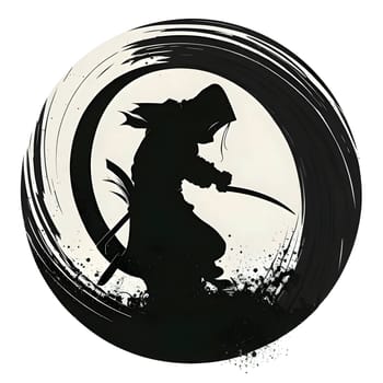 Vector illustration of samurai in a circle in black silhouette against a clean white background, capturing graceful forms.