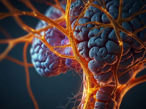 Human brain close-up showing neural pathways and neurons firing. Generative AI