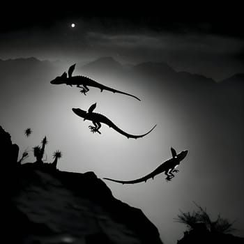 Vector illustration of lizards in black silhouette against a clean grey background, capturing graceful forms.