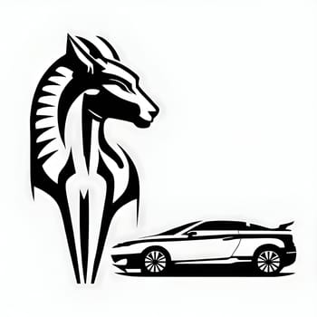 Vector illustration of horse and car in black silhouette against a clean white background, capturing graceful forms.