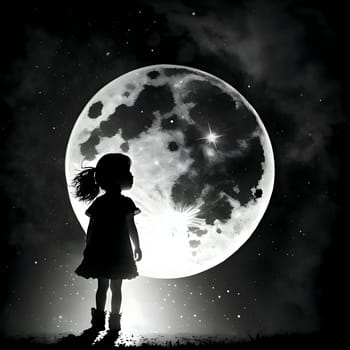 Vector illustration of the girl and the moon in black silhouette against a clean white background, capturing graceful forms.