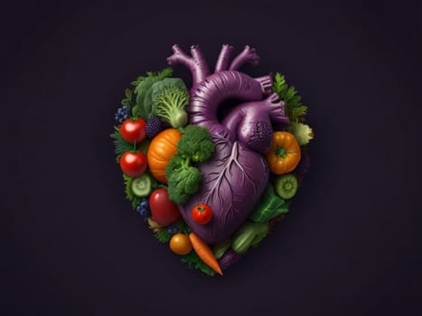 Illustration of vegetables laid out in the shape of a heart. Created using AI generation.