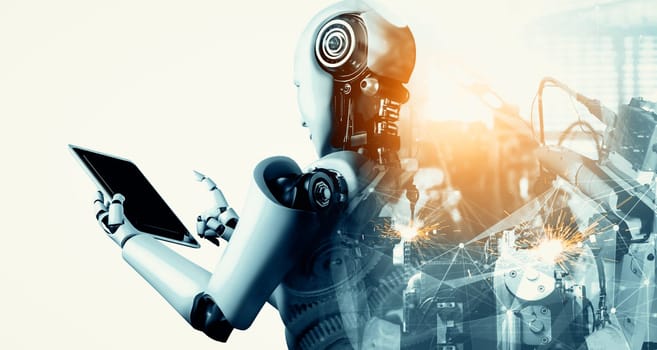 MLP Mechanized industry robot and robotic arms double exposure image. Concept of artificial intelligence for industrial revolution and automation manufacturing process in future factory.