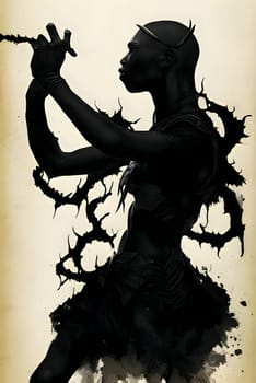 Vector illustration of a warrior in black silhouette against a clean light background, capturing graceful forms.