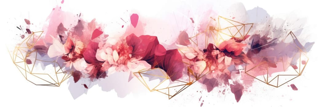Abstract geometric watercolor banner with dynamic shapes and splatters. Pink flower and leaves line arrangement or composition with white background. Modern art concept for creative design. AIG35.