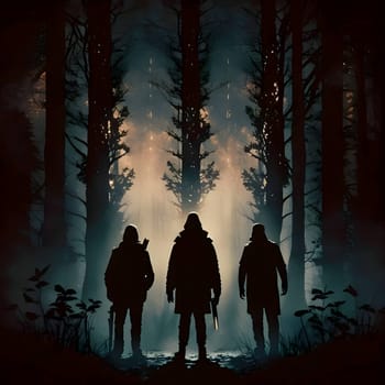 Vector illustration of a three people in the forest in black silhouette against a clean white background, capturing graceful forms.