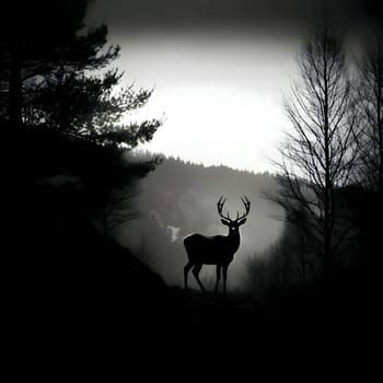 Vector illustration of a deer in the woods in black silhouette against a clean white background, capturing graceful forms.