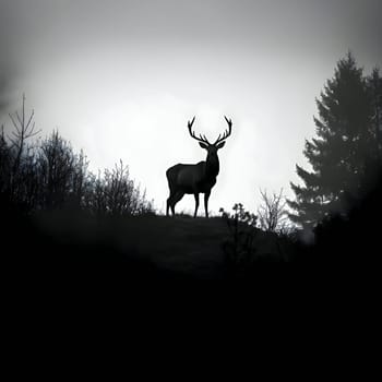 Vector illustration of a deer in the woods in black silhouette against a clean white background, capturing graceful forms.