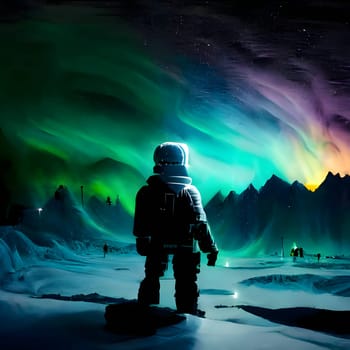 Robot against the background of the aurora borealis new