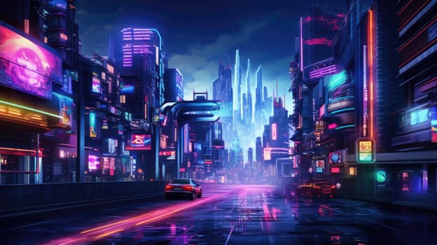 The picture of the neon night time futuristic cyberpunk scifi metropolis yet bright with neon light that fill everywhere of metropolis and fill with tall building and long roadway at night. AIGX01.