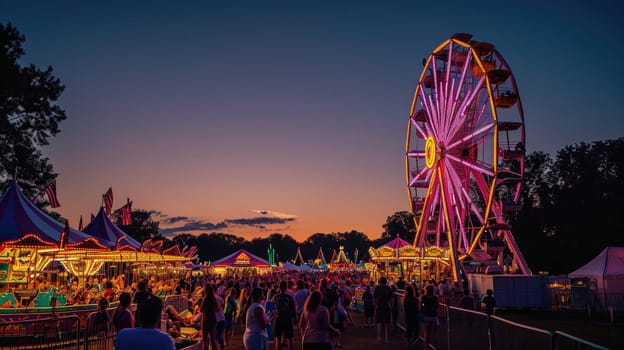 A lively carnival at dusk, Ferris wheel lights against the twilight sky, happy faces of families enjoying rides and games. Resplendent.