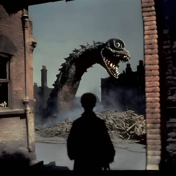 Illustration: A man gazes in awe at the colossal head of a monstrous creature wreaking havoc upon a city, with buildings crumbling and chaos ensuing.