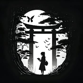 Vector illustration of a girl with book in black silhouette against a clean white background, capturing graceful forms.