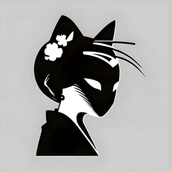 Vector illustration of a women in a cat mask in black silhouette against a clean white background, capturing graceful forms.