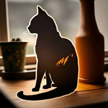 Vector illustration of a cat in black silhouette against a desk in background, capturing graceful forms.