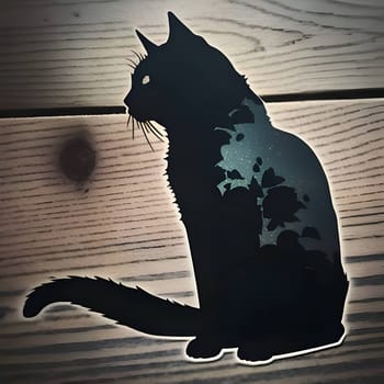 Vector illustration of a cat in black silhouette against a wood in background, capturing graceful forms.