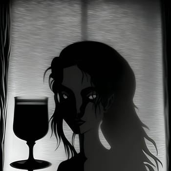 Abstract illustration: A mysterious and alluring woman's face emerges from the darkness, delicately framed by a glass. The dark composition adds an air of intrigue and intensity.
