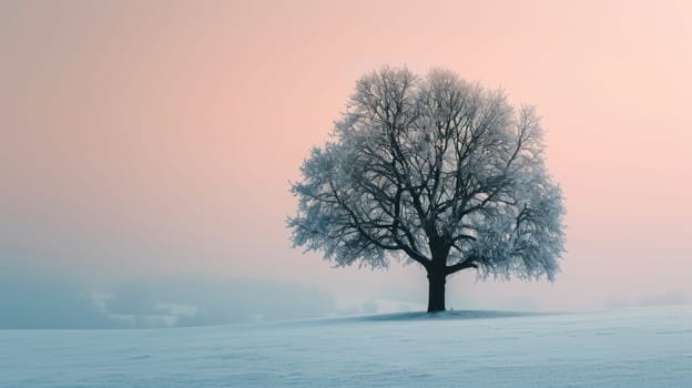The picture of the single tree that has been covered with white snow in the middle of the empty snow land in the winter season and light from the sun can make everything bright clear on land. AIGX03.