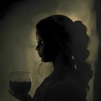 Abstract illustration: A mysterious and alluring woman's face emerges from the darkness, delicately framed by a glass. The dark composition adds an air of intrigue and intensity.