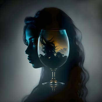 Abstract illustration: A mysterious and alluring woman's face emerges from the darkness, delicately framed by a glass. The dark composition adds an air of intrigue and intensity.