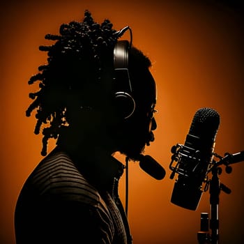 Vector illustration of a man in a recording studio in black silhouette against a clean orange background, capturing graceful forms.