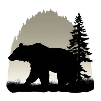 Vector illustration of a bear and tree in black silhouette against a clean white background, capturing graceful forms.