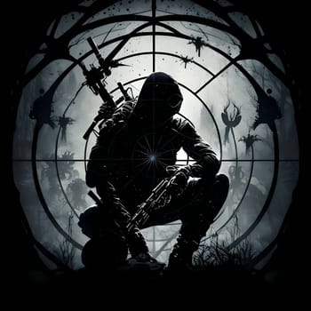 Vector illustration of a sniper in black silhouette against a clean white background, capturing graceful forms.