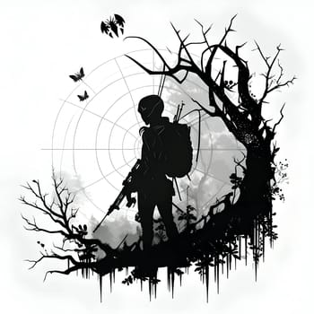 Vector illustration of a sniper in black silhouette against a clean white background, capturing graceful forms.