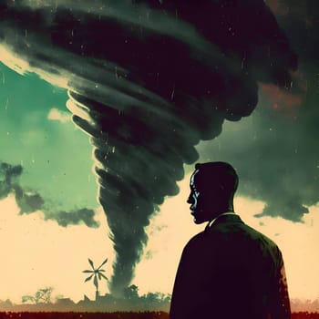 Vector illustration of a man and tornado in black silhouette against a clean light background, capturing graceful forms.