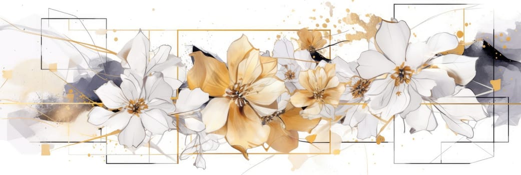 Abstract luxury floral watercolor banner with gold geometric elements and splashes. Golden line with black and gold flower and decorated line arrangement with white background. Elegant design. AIG35.