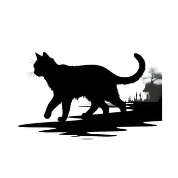 Vector illustration of a walking cat in black silhouette against a clean white background, capturing graceful forms.