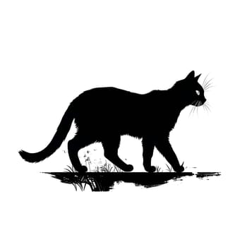 Vector illustration of a walking cat in black silhouette against a clean white background, capturing graceful forms.
