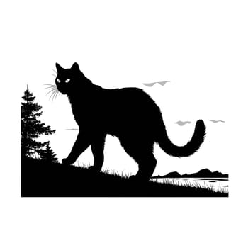 Vector illustration of a walking cat in black silhouette against a clean white background, capturing graceful forms.