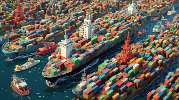 Vividly colored shipping containers on cargo ships at sea. Logistics and global trade concept with bright and colorful design for transportation and economy-related themes. Shipping concept. AIG35.