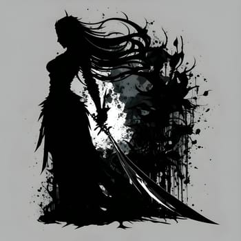 Vector illustration of a girl with sword in black silhouette against a clean grey background, capturing graceful forms.