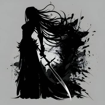 Vector illustration of a girl with sword in black silhouette against a clean grey background, capturing graceful forms.