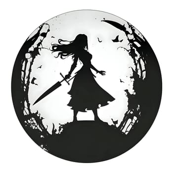 Vector illustration of a girl with sword in black silhouette against a clean white background, capturing graceful forms.