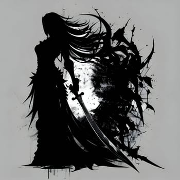 Vector illustration of a girl with sword in black silhouette against a clean grey background, capturing graceful forms.