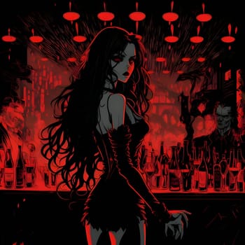 An animated girl dances in a vibrant club, surrounded by a dynamic composition of red and black, creating an energetic atmosphere.