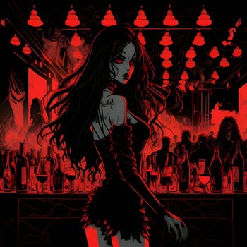 An animated girl dances in a vibrant club, surrounded by a dynamic composition of red and black, creating an energetic atmosphere.