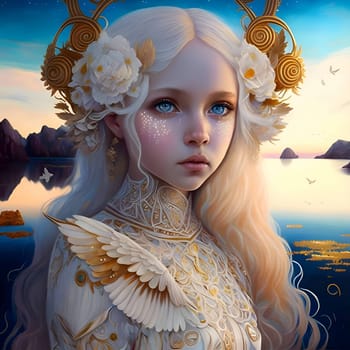 A mesmerizing portrait of a woman adorned with delicate feathers, her gaze directed towards the vast expanse of the sea, capturing the essence of freedom and mystery.