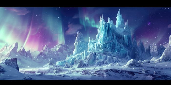 A magical winter wonderland at night, with ice castles, aurora borealis in the sky, and mystical creatures wandering in the snow-covered landscape. Resplendent.