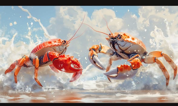 Cartoon, 3D, two crabs walking in the water along the shore. Selective focus.