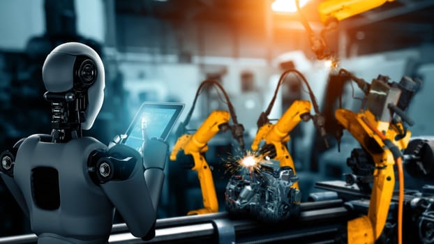 MLP Mechanized industry robot and robotic arms for assembly in factory production. Concept of artificial intelligence for industrial revolution and automation manufacturing process.