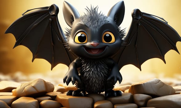 3D illustration of a bat with spread wings. Selective focus.